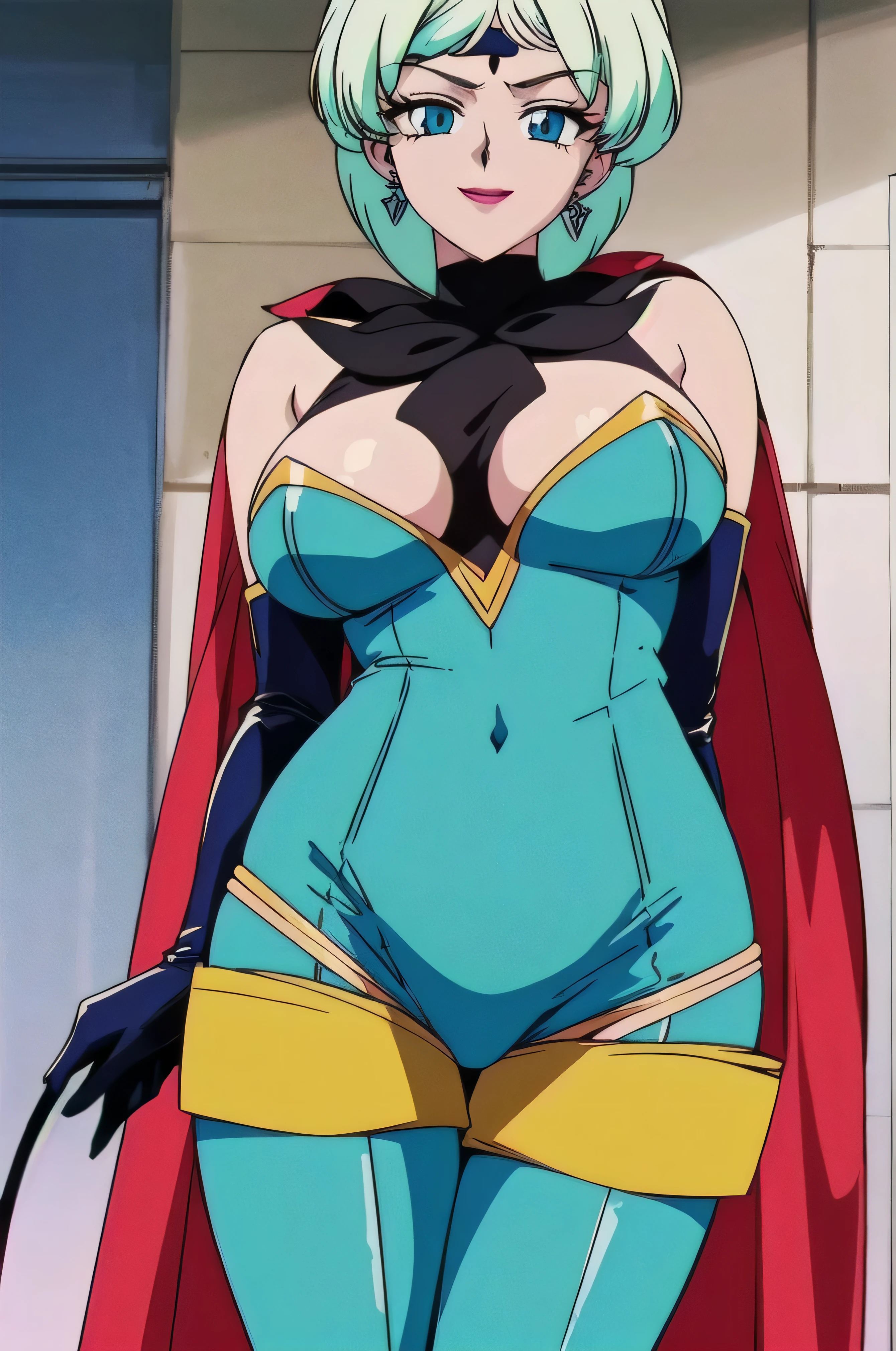 1girl, solo, facing viewer, looking at viewer,,evil smile, BERTIE,lightblue navel leotard,elbow gloves,thighhigh boots,Highly detailed CG Unity 8K wallpaper, perfect lightingofficial art,short pants,(beautiful_face:1.5),(narrow_waist),,Highly detailed CG Unity 8K wallpaper, perfect lighting, anime screencap, retro artstyle, anime coloring, traditional media,evil huge laugh,lipstick,black and dark aura backgroud,sadistic,shaded face,