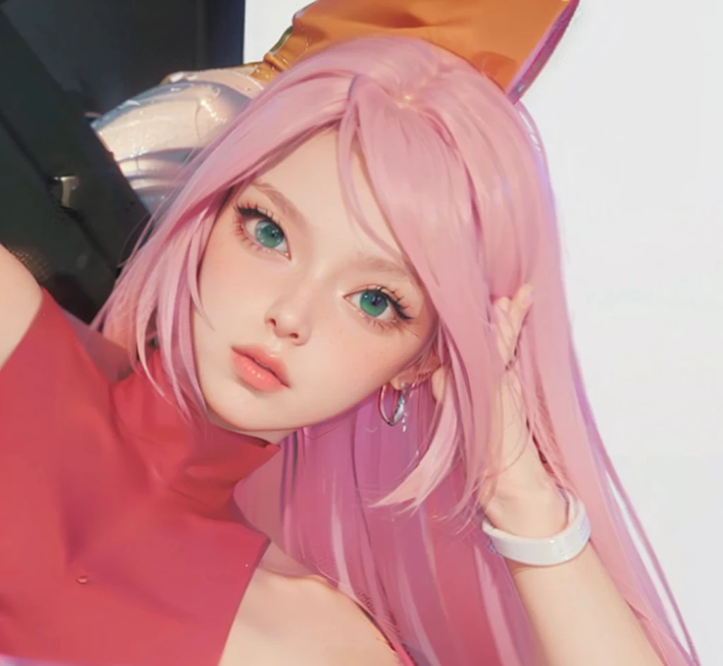 young woman, short shoulder-length pink hair, wide forehead, porcelain skin, pink eyebrows, big emerald green eyes, buttoned nose, full lips, heart-shaped face, slender body, small breasts, red tank top, Sakura Haruno , realistic, realism, details, 3d, well detailed
