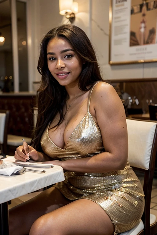 UHD,ultra high resolution, photo realistic 1.4 A glamorous young African american lady who is 26. She has long straight brown hair, carmel, brown skin. Her eyes are hazel brown. Her body is chubby, curvy, plus size body. She is wearing a dress. She at the restaurant, sitting smiling.