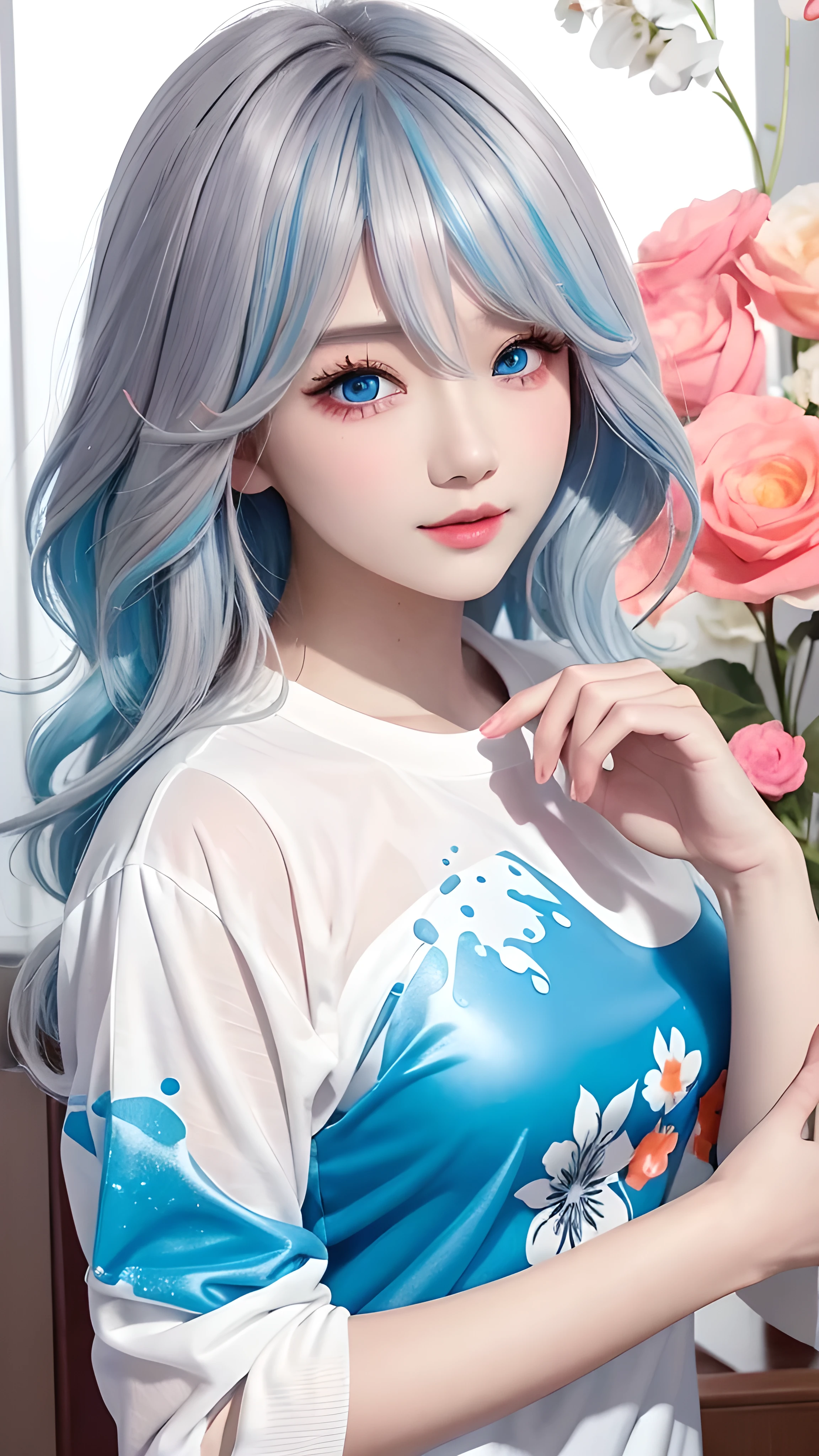(masterpiece, best quality, high resolution), anime style, White background, acrylic paint, ((Splash of Color, Ink splash, Splash of Color)), Sweet Chinese girl, Long gray blue hair, [gray blue|green] hair, Light blue eyes，Red half frame glasses，Super huge ，Curly hair, flash, peach colored lips, White shirt, front, Upper Body