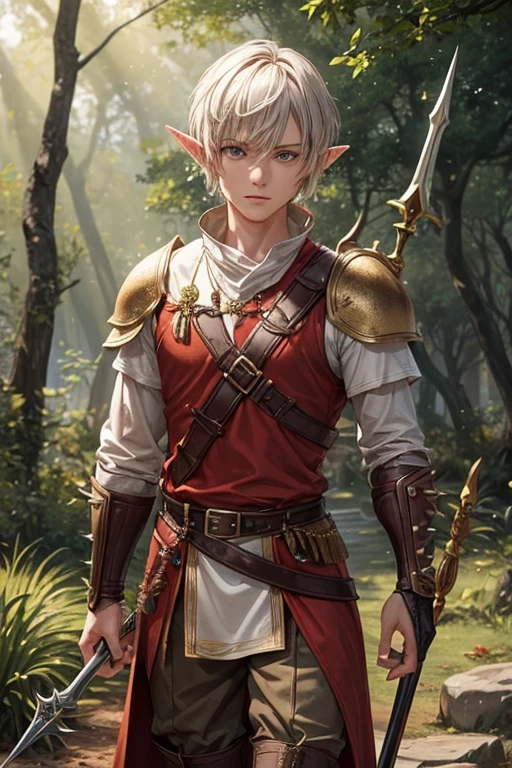 30 year old elf man with short spiky golden hair, short messy hairstyle with fringe, pointed elf ears, light red medieval armor clothing, gray eyes holding a spear, brown boots, brown leather belt, sun ornaments on the belt, forest background with magic symbols