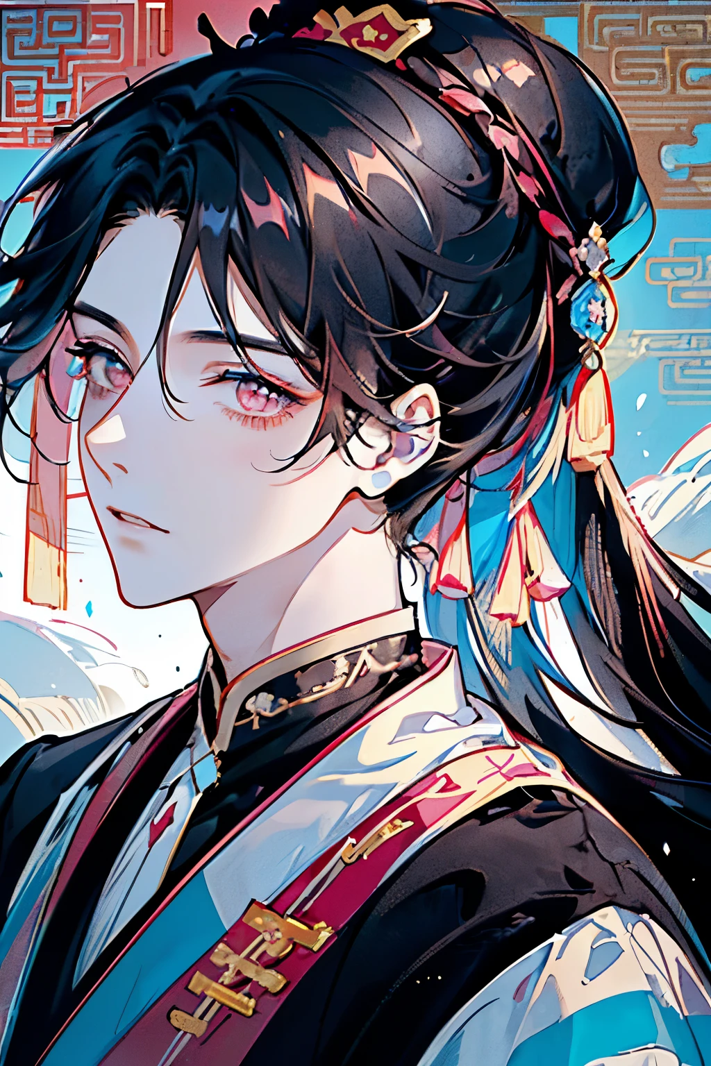 ((Two young men around 18 years old)),(Black Hair:1.3),(Long Hair:1.3),(Royal costume like that of a Chinese prince:1.5),(Pink and white and yellow and light blue),((Close-up of face:1.1)),((Hair tied up:1.2))