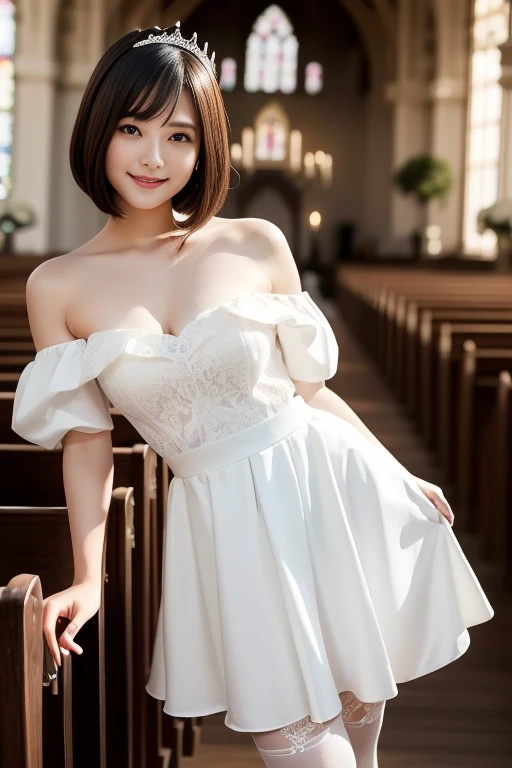 (Best quality: 1.5), (Realistic: 1.5), (1 person: 1.5), full body, Highly detailed, High resolution, 8k, Natural colored lips, Cute smile, Japanese woman, 20-year-old girl, beautiful and elegant features, perfect and beautiful face, large eyes with good balance between the left and right sides, brunette eyes, beautiful and elegant features, beautiful double eyelids, beautiful thin nose, beautiful skin, fair skin, (medium bob hair), (natural bangs), bob hair, perfect and beautiful face, slim face and figure, (looks at the camera with a sweet smile), Wearing a luxury bridal tiara, (wearing a white off-shoulder wedding dress), (sexy wedding dress), lace white gloves, bridal veil, (White color micro mini skirt dress), (stand with your legs apart:1.2), (skirtlift:1.2), Hold up the hem of your skirt with your hands, (Sexy Panties:1.2), Medium breasts, Beautiful standing posture, (Beautiful cleavage), There is a large beautiful stained glass window, Cathedral, (The best lighting:1.5),