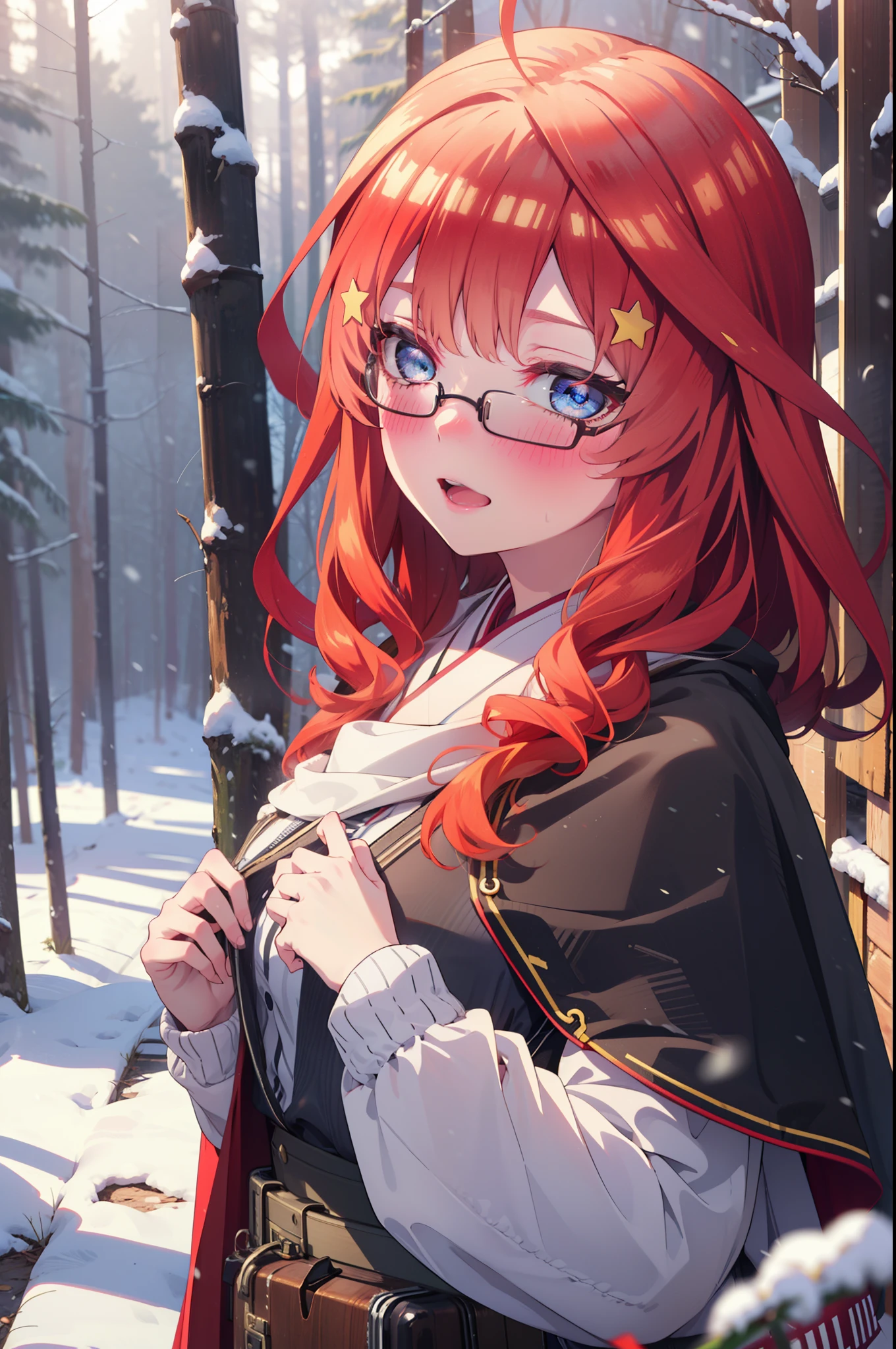itsukinakano, Itsuki Nakano, bangs, blue eyes, Hair between the eyes, Ahoge, Redhead, star \(symbol\), hair ornaments, star hair ornaments,smile,blush,White Breath,Akagi glasses,
Open your mouth,snow, A bonfire on the ground, Outdoor, boots, snowing, From the side, wood, suitcase, Cape, Blurred, Increase your meals, forest, White handbag, nature, Squat, Mouth closed, フードed Cape, winter, Written boundary depth, Black shoes, red Cape break looking at viewer, Upper Body, whole body, break Outdoor, forest, nature, break (masterpiece:1.2), highest quality, High resolution, unity 8k wallpaper, (shape:0.8), (Beautiful and beautiful eyes:1.6), Highly detailed face, Perfect lighting, Highly detailed CG, (Perfect hands, Perfect Anatomy),