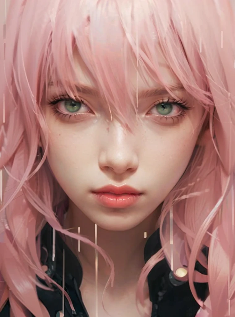 young woman, short shoulder-length pink hair, wide forehead, porcelain skin, pink eyebrows, big emerald green eyes, buttoned nose, full lips, heart-shaped face, slender body, small breasts, red tank top, Sakura Haruno , realistic, realism, details, 3d, well detailed