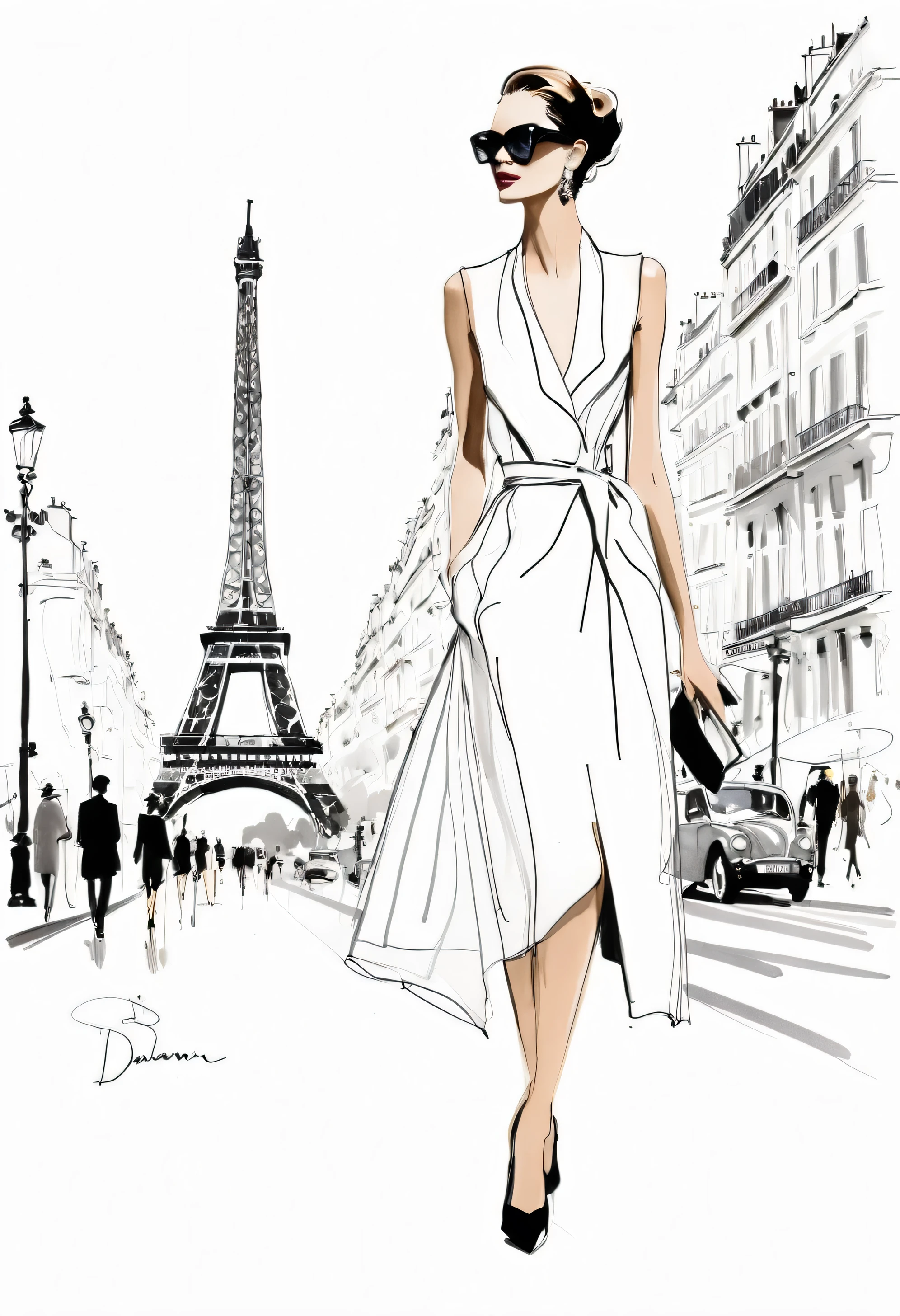 Woman walking through Paris,David downton fashion illustration, mustafa soydan drawing, line art sketch on a white background,