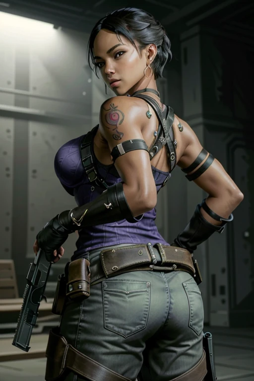 ShevaRE, 1girl, solo, weapon, gun, gloves, jewelry, fingerless gloves, handgun, earrings, short hair, ass, tattoo, holster, looking back, dark skin, pants, shoulder holster, realistic, black hair, dark-skinned female, blurry, armlet, full body (NSFW breasts), hdri, extremely naked, nude, nua, pelada, nsfw, gigantic breast 1.9