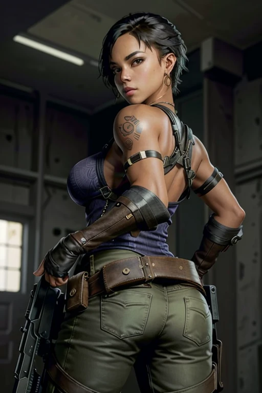 ShevaRE, 1girl, solo, weapon, gun, gloves, jewelry, fingerless gloves, handgun, earrings, short hair, ass, tattoo, holster, looking back, dark skin, pants, shoulder holster, realistic, black hair, dark-skinned female, blurry, armlet, full body (NSFW breasts), hdri, extremely naked, nude, nua, pelada, nsfw, gigantic breast 1.9