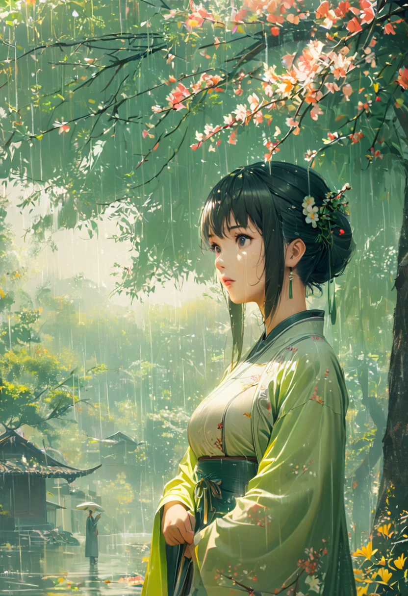 1girl, Cai GuoRUN's illustration style, Rainy Qingming season, Under a willow tree, A shepherd boy, amidst the rain, points into the distance, indicating the direction to Apricot Blossom Village, spring is full of freshness, rich details, spring scene, flat design, soft colors, vibrant tones, Chinese traditional painting elements, photorealistic, Minimal composition, High saturation and high contrast,rich light and shadow details, sharp contrast and clean lines