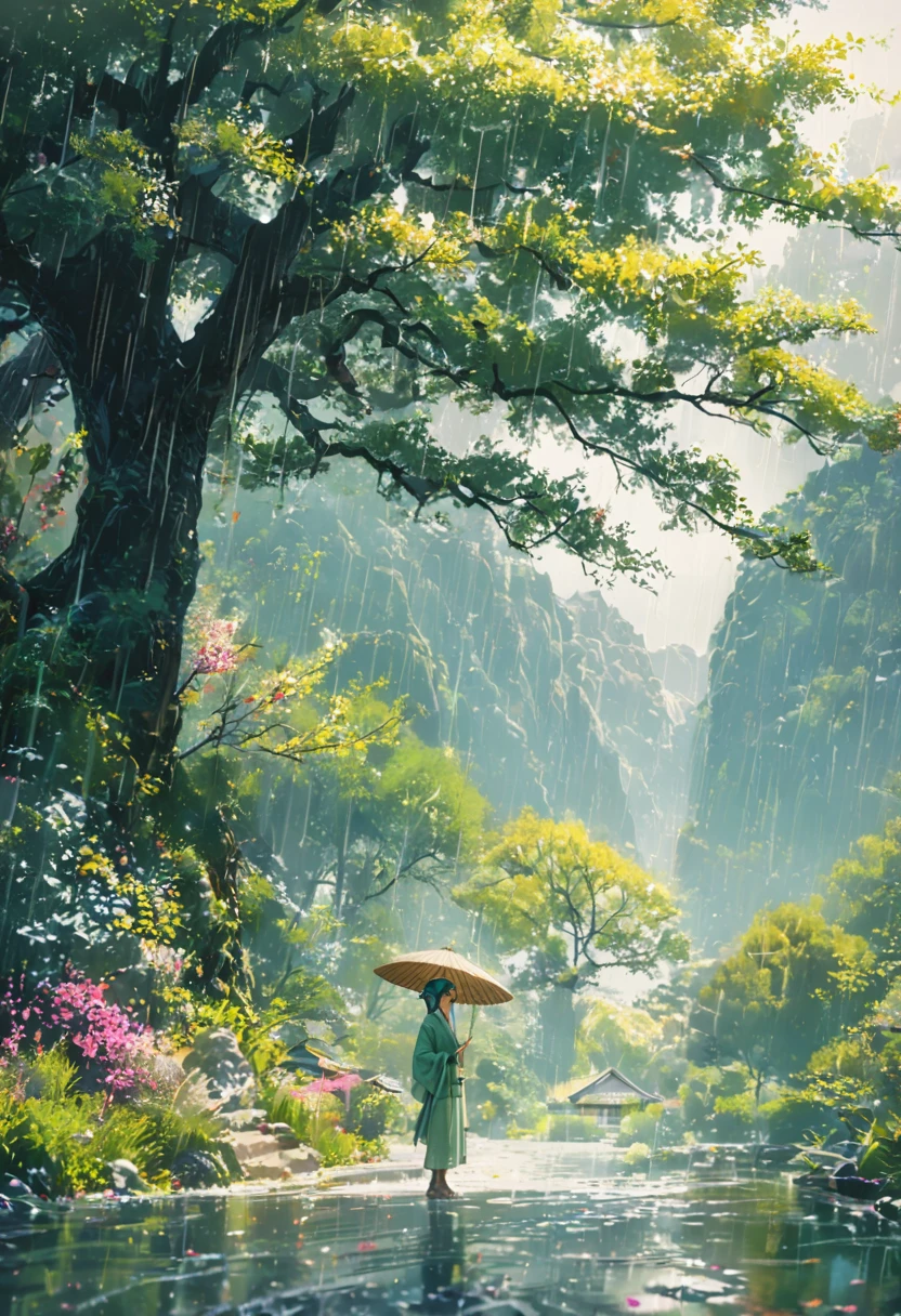 1girl, Cai GuoRUN's illustration style, Rainy Qingming season, Under a willow tree, A shepherd boy, amidst the rain, points into the distance, indicating the direction to Apricot Blossom Village, spring is full of freshness, rich details, spring scene, flat design, soft colors, vibrant tones, Chinese traditional painting elements, photorealistic, Minimal composition, High saturation and high contrast,rich light and shadow details, sharp contrast and clean lines