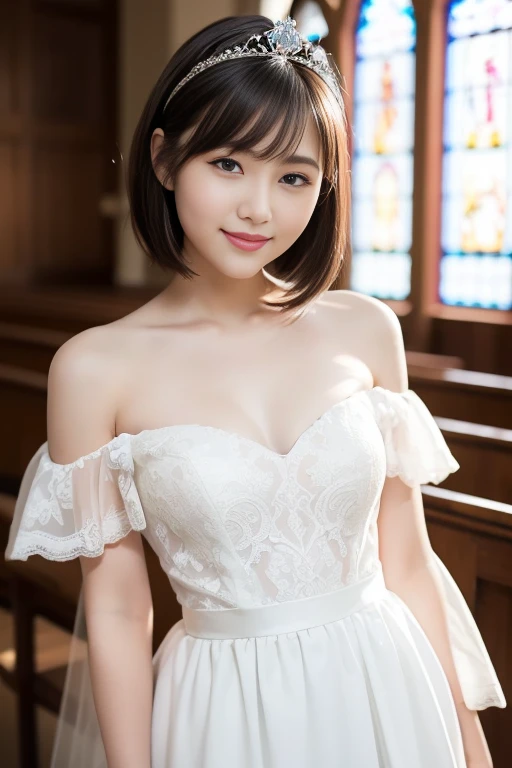 (highest quality:1.5)、(Realistic:1.5)、(1 person:1.5)、(Medium Shot:1.5)、Very detailed、High resolution、8k wallpaper、、Normal milk、Natural color lips、Cute Smile、Japanese women、20-year-old girl、Beautiful and elegant face、Perfect and beautiful face、Large, balanced eyes、Brunette's eyes、Beautiful and elegant face、Beautiful double eyelids、Natural Bangs、Beautiful thin nose、Beautiful Skin、Fair skin、(Medium Bob Hair)、Natural Bangs、Perfect and beautiful face、Slim face and figure、(Looking at the camera with a sweet smile)、Bright lighting、Professional Lighting、Forward lighting、Micro Mini Skirtのプリンセスドレス、tiara、(Wearing white off-the-shoulder wedding dress)、Wedding ceremony in a church with beautiful stained glass、pose for a photo、Micro Mini Skirt、garter belt、Knee-high stockings、