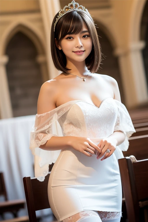 (highest quality:1.5), (Realistic:1.5), ((topless, sexy cleavage)), (a naked beauty in big breasts with cute nipples exposed:1.4), (Medium Shot:1.5), Very detailed, High resolution, 8k wallpaper, Normal milk, Natural color lips, Cute Smile, Japanese women, 20-year-old girl, Beautiful and elegant face, Perfect and beautiful face, Large, balanced eyes, Brunette's eyes, Beautiful and elegant face, Beautiful double eyelids, Natural Bangs, Beautiful thin nose, Beautiful Skin, Fair skin, (Medium Bob Hair), Natural Bangs, Perfect and beautiful face, Slim face and figure, (Looking at the camera with a sweet smile), Bright lighting, Professional Lighting, Forward lighting, mini skirt fashioned dress, tiara, (Wearing white off-the-shoulder wedding dress:0.85), Wedding ceremony in a church with beautiful stained glass, pose for a photo, mini skirt, garter belt, Knee-high stockings 