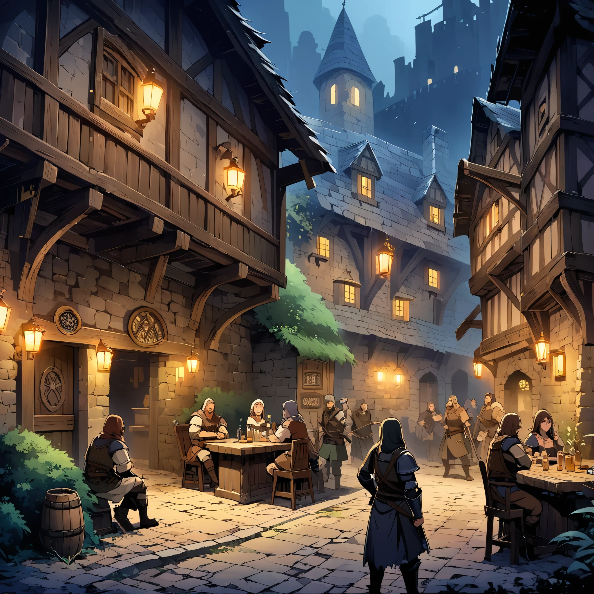 A tavern(Medieval Europe)，The pub is located in a secluded alley，It was pitch black all around，There are bushes and weeds，There are no pedestrians on the streets，There are five people drinking in the bar，The setting is night。Mid-ground composition，Panorama pictures，Scene screen，Game concept art style，Anime illustration style，HD，4K。