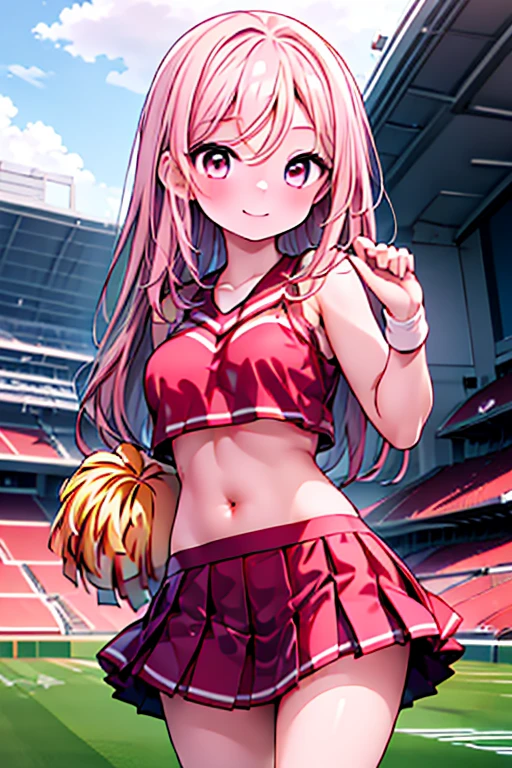 1 girl, Japanese, ************, White skin, Medium Chest, Take in the view, (smile:1.5), 
Beautiful fine details, (Middle Hair:1.4, Parted bangs, Straight hair:1.7), (belly button:1.1), Brown Hair,
(Pink Current Cheerleader Style:1.5), Sports top with exposed center, Raise the hand, Holding an orange pom-pom, Jumping, 
(Beautiful views), Daytime, (Stadium:1.5), 
(8k, highest quality, Masterpiece​), Beautiful illustrations, Cowboy Shot,