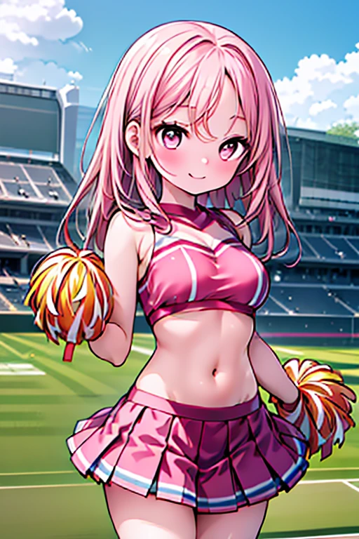 1 girl, Japanese, 14 years old, White skin, Medium Chest, Take in the view, (smile:1.5),
Beautiful fine details, (Middle Hair:1.4, Parted bangs, Straight hair:1.7), (belly button:1.1), Brown Hair,
(Pink Current Cheerleader Style:1.5), Sports top with exposed center, Raise the hand, Holding an orange pom-pom, Jumping,
(Beautiful views), Daytime, (Stadium:1.5),
(8k, highest quality, Masterpiece), Beautiful illustrations, Cowboy Shot,