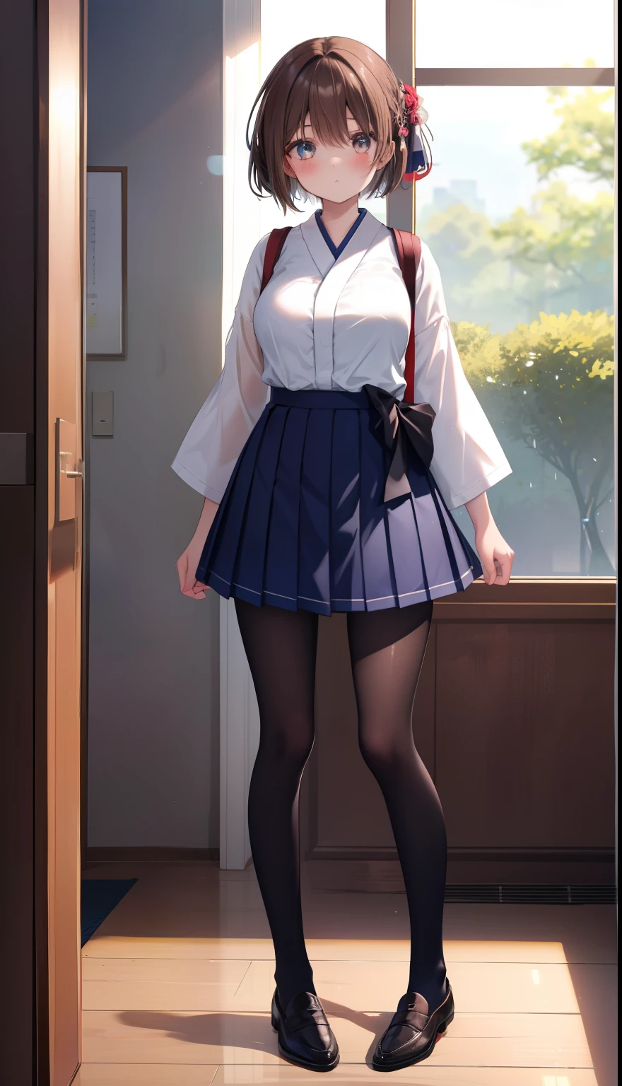 One Girl、positive、Standing posture、Full body portrait、Brown haired、Medium Haircut、blush、Absolute area、Knee socks、Knee-length、stockings、pantyhose、レースpantyhose、White underwear、Light blue shirt、Blue checked pleated skirt、、Japanese high school students、Summer clothes、Inside the house、Daytime、（Very large breasts）、((Lesbians all over))、masterpiece、（highest quality）、
Panties around the ankles、loafers