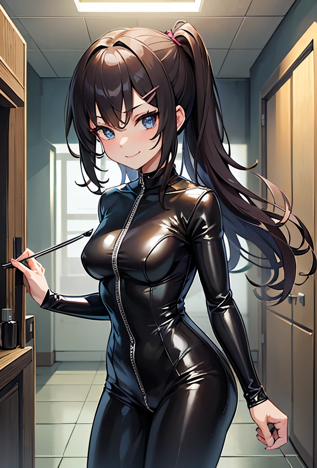 masterpiece, best quality, extremely detailed, anime, Girl, thief, rubber suit, (safe), ((holding a hairpin)), fearless smile,indoor,