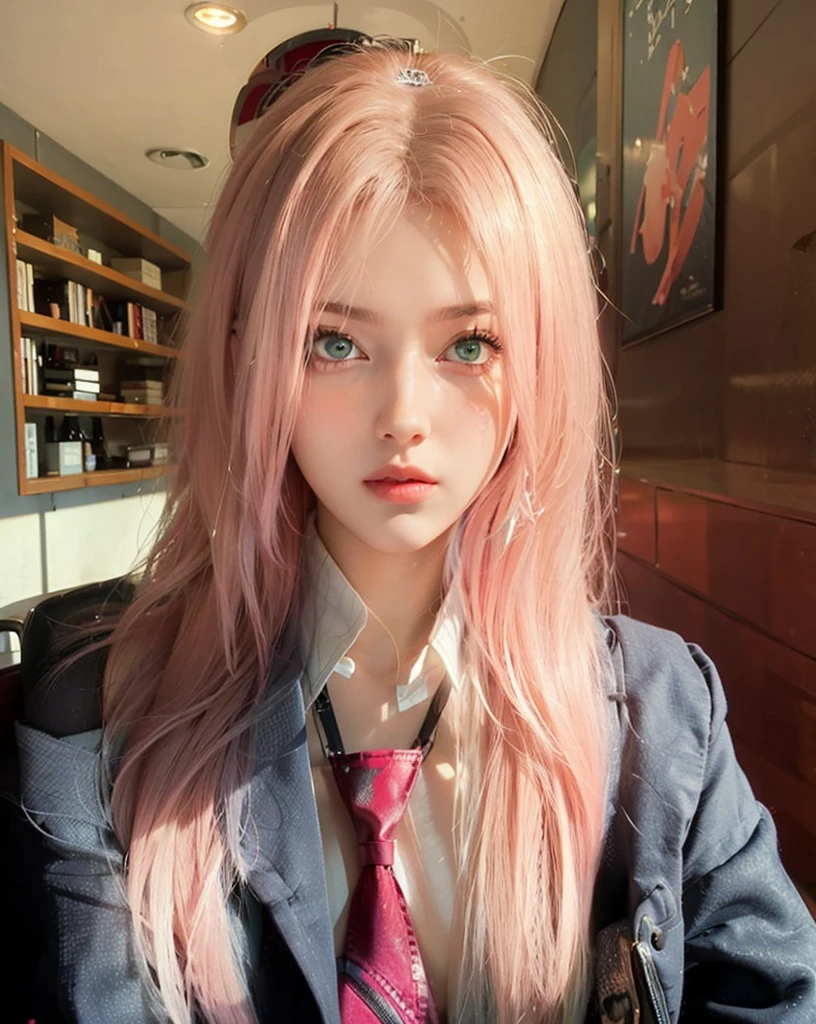 young woman, short shoulder-length pink hair, wide forehead, porcelain skin, pink eyebrows, big emerald green eyes, buttoned nose, full lips, heart-shaped face, slender body, small breasts, red tank top, Sakura Haruno , realistic, realism, details, 3d, well detailed
