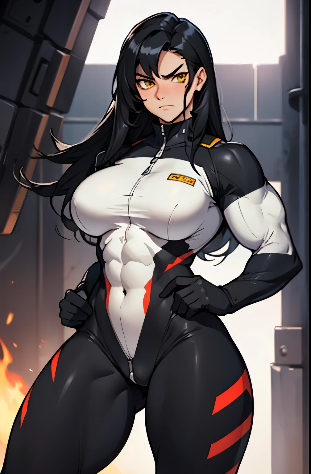 1girl, extremely long hair, solo, ((((muscular)))), veins, black hair, yellow eyes, blushing, (thick thighs), pale skin, strong, veins, abs, big thighs, (huge breasts), navel, standing, angry, bodysuit, skintight, pilot suit