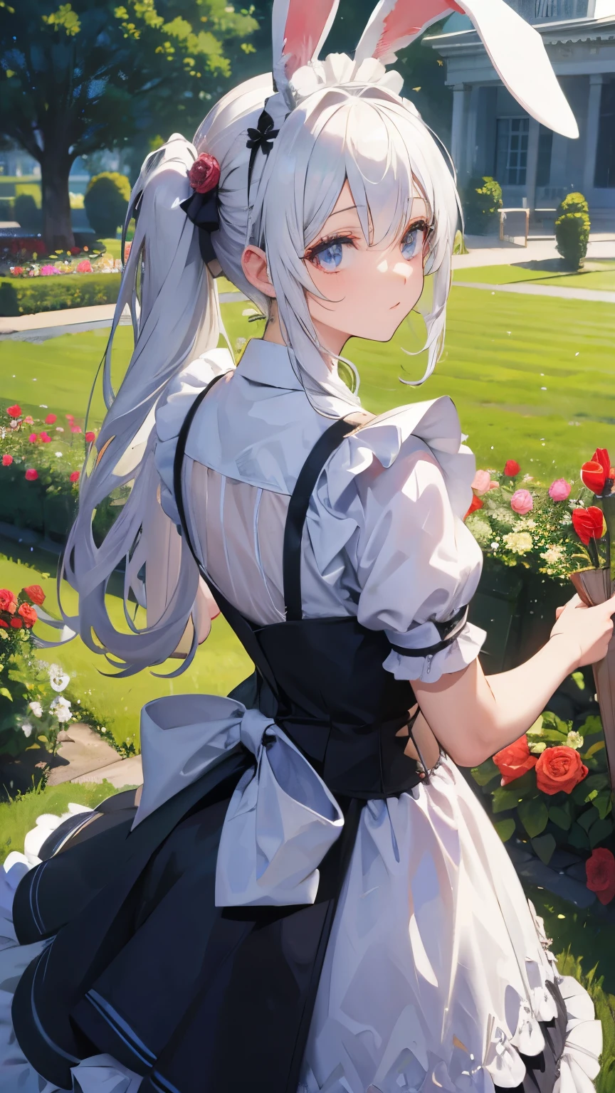 (white hair), big hair, side ponytail, ((rabbit ears)), maid headdress, (((masterpiece))), ((textured skin)), (((high details))), highres, cute, lovely, maid, apron dress, ((rose garden)), from behind