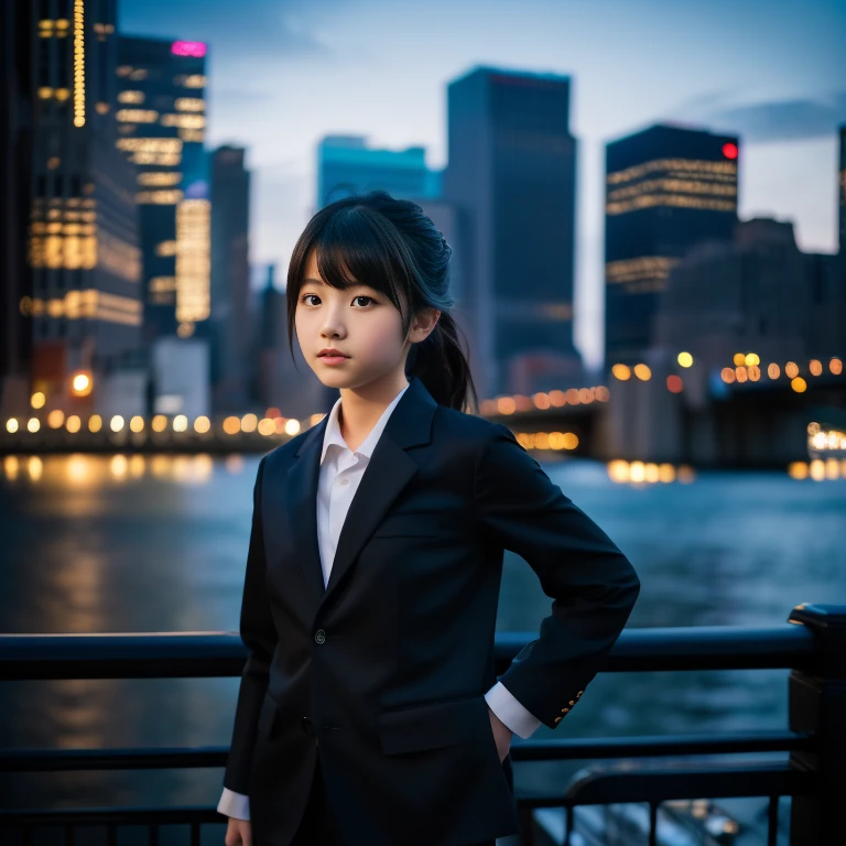 1 Japan , (View your viewers:1.2), Wearing a blazer uniform, (Standing girl, Rebuttal on cgsociety, Black Shadow, Streaming, New York Background), Romanticism, atmosphere, (RAW Photos, highest quality), (Realistic, photo-Realistic:1.3), masterpiece, Very delicate and beautiful, Very detailed,