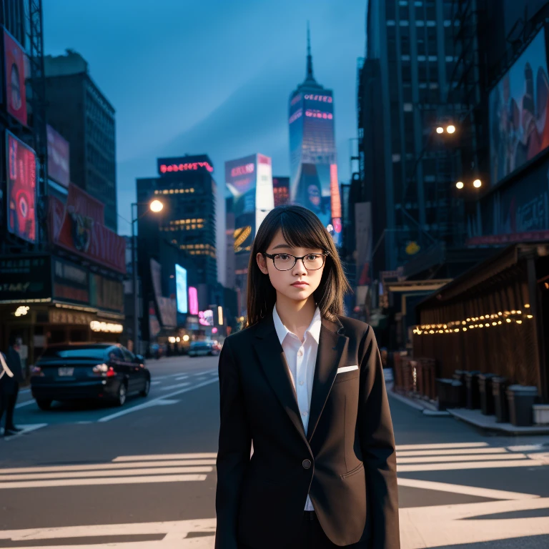 1 Japan , (View your viewers:1.2), Wearing a blazer uniform, (Standing girl, Rebuttal on cgsociety, Black Shadow, Streaming, New York Background), Romanticism, atmosphere, (RAW Photos, highest quality), (Realistic, photo-Realistic:1.3), masterpiece, Very delicate and beautiful, Very detailed,
