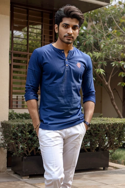 25 years old south indian male model ((best quality)), ((masterpiece)), (detailed), perfect face. Wearing
blue color pants red color shirt casual dress