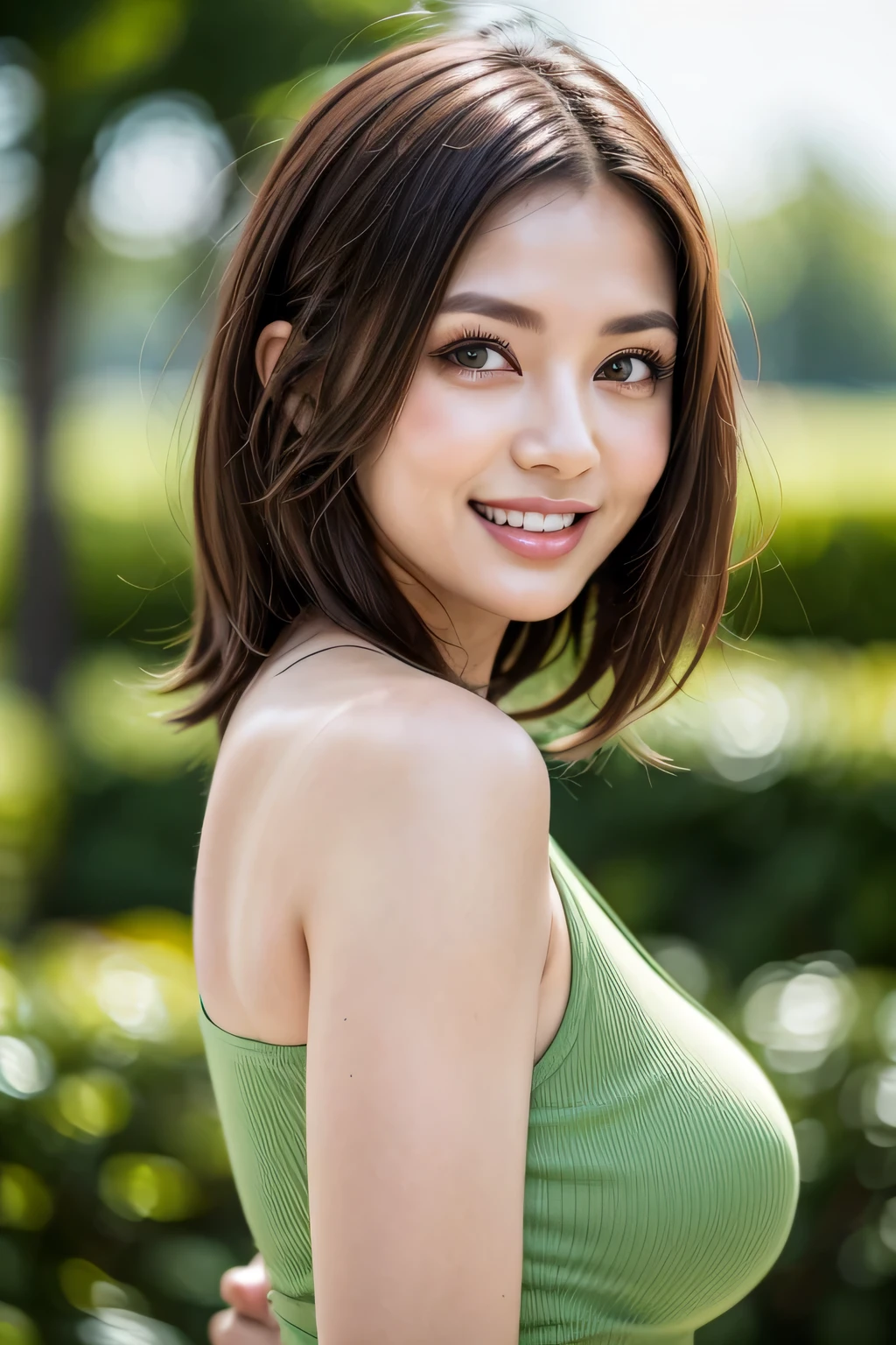 (8k, RAW Photos, highest quality, masterpiece, Realistic, Realistic), (1 female), (Ultimate beauty), Highly detailed face, (Perfect Teeth), Beautiful Eyes, double eyelid, eyelash, smile, Lip details, Brunette Bob, The light shines on your face, ((one piece)), Big Breasts, (background: garden), ((Written boundary depth))