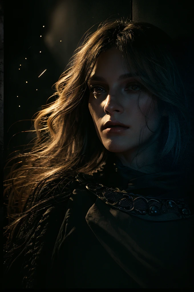 (Front Focus), (In the Dark:1.6), Hyperrealist Female Portrait by David Hockney and Alphonse Mucha, Fantasy art, Photorealistic, Dynamic Lighting, Art Station, Poster, Volumetric lighting, Highly detailed face, 4k yen, Awards, One girl, In the Dark, Deep Shadow, Modest, Cowboy Shot, (Official attire:1.4), Long Hair, Gray Hair