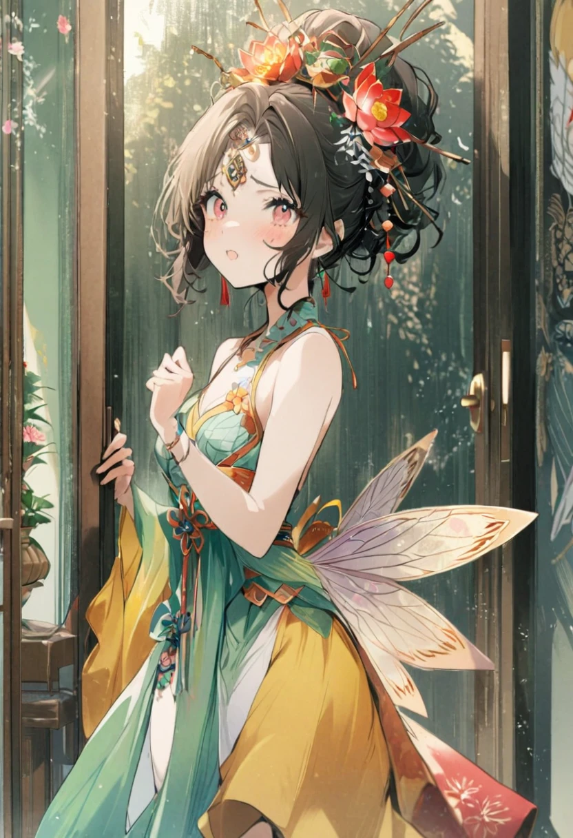 1girl, Flat illustration style, showing the characteristics of beach New Year pictures. Pattern shuttle, lotus stand. The door god, the fairy gathered, the image is bright. Rich colors, exquisite details. Flashing light and shadow, expressing struggle and hope, 1cgrssh1