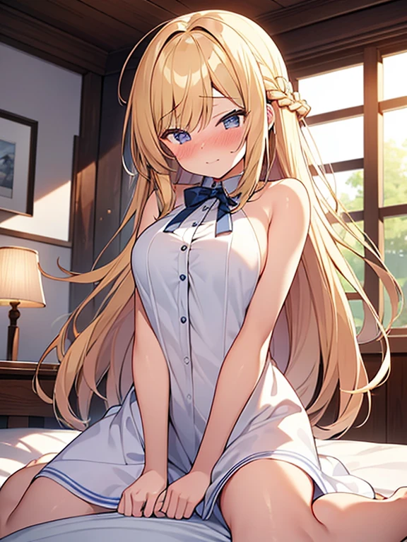 Tabletop, highest quality, wallpaper, Super detailed, Absurd beauty,junior high school student、evening、Backlight、Blonde、Long Hair、Wavy Hair,Braided hair、Large Breasts、(pubic hair,naked, nude, bare):1.1,(sexual climax,nose blush):1.1、(1man and 1girl are having sex on bed:1.3、cowgirl position)
