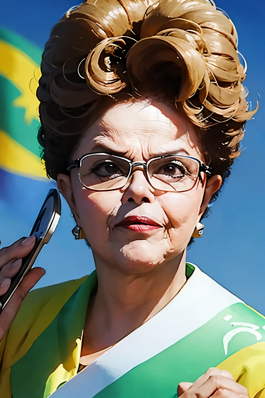 Caricature of Dilma Rousseff, president of Brazil, confused with a calculator in her hand, buck-toothed, above her a banner with the phrase 'NOT 30%', written correctly, illustration, painting, 3D rendering, typography