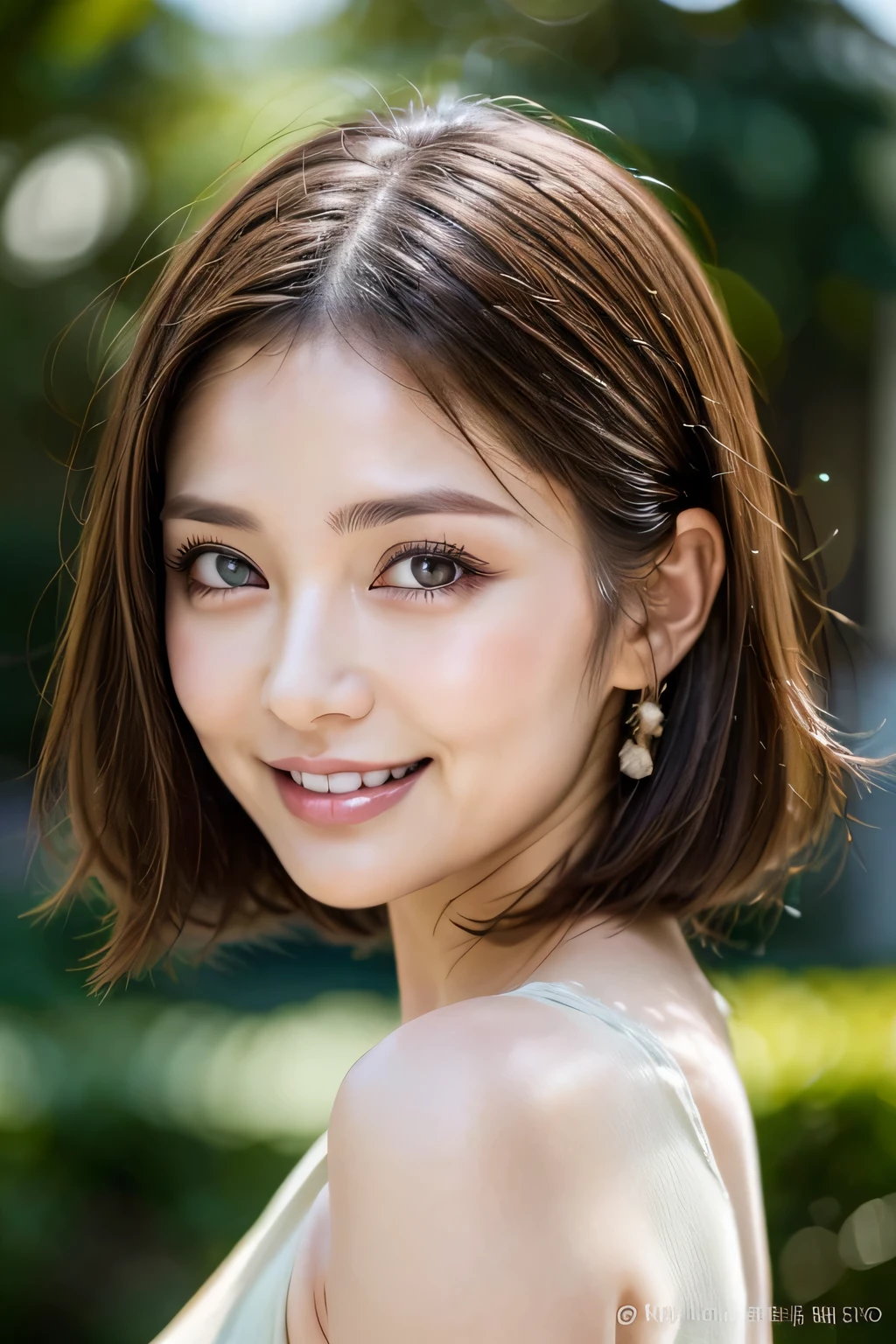 (8k, RAW Photos, highest quality, masterpiece, Realistic, Realistic), (1 female), (Ultimate beauty), Highly detailed face, (Perfect Teeth), Beautiful Eyes, double eyelid, eyelash, smile, Lip details, Brunette Bob, The light shines on your face, ((one piece)), Big Breasts, (background: garden), ((Written boundary depth))