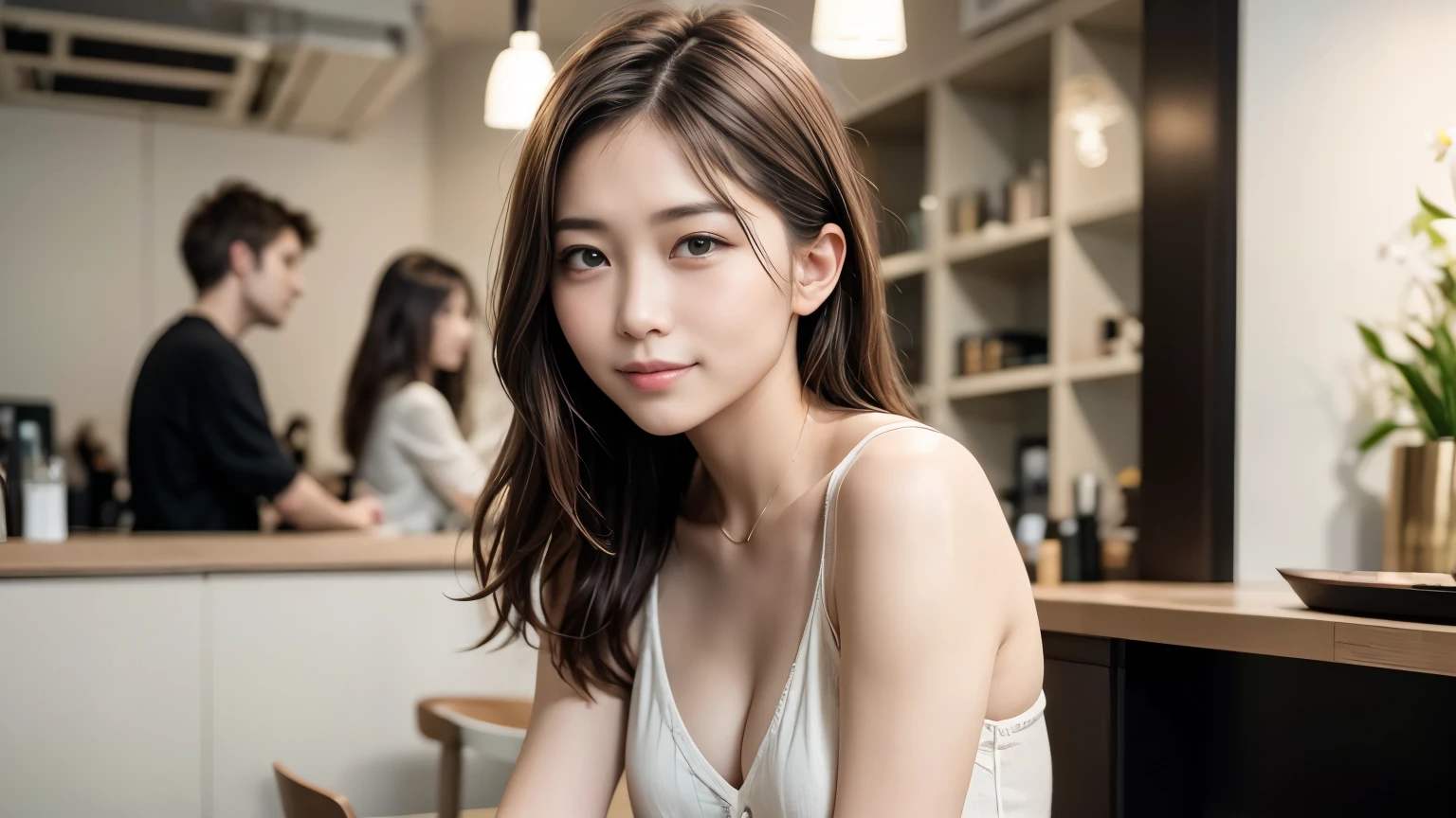 super high quality, Slender, Gravure photoshoot, The staff is working at the counter in the back., (8k、RAW Photos、highest quality、masterpiece:1.2), Stylish café, The cafe is crowded with people enjoying themselves., (Realistic、Photorealistic:1.37), Mesh Hair, Urban Cafe, Golden Ratio, Raw photo, Light Brown Hair, Small breasts, Bright cafe interior, Blurred Background, Beauty salon model, Spring Clothes, Beautiful hairstyle, Cafe Terrace, Open Cafe, Smile, 28 years old, Hair blowing in the wind, Neat clothes, Cool older sister,