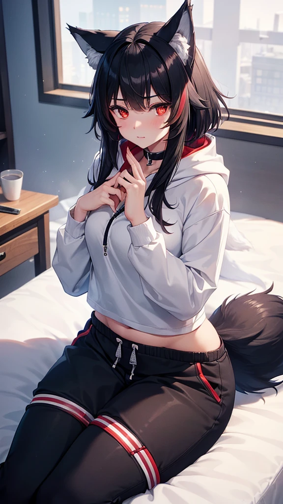 ((1girl, wolf girl, wolf girl, wolf ears, wolf tail, fluffy tail, fluffy ears, large tail, one tail, [tail attached to tailbone])), light skin, blood red eyes, black hair with red highlights, neck length hair, strong, starry eyes, stern expression, zipper hoodie sweatshirt, cargo shorts, modestly dressed, pants down to knees, beautiful, athletic, clean fingers, well-formed fingers, no extra limbs, high detail, romanticism, film lighting, ray tracing, motion rye, uhd, high detail, top quality, 8k, sitting down, safe for work, facing viewer,