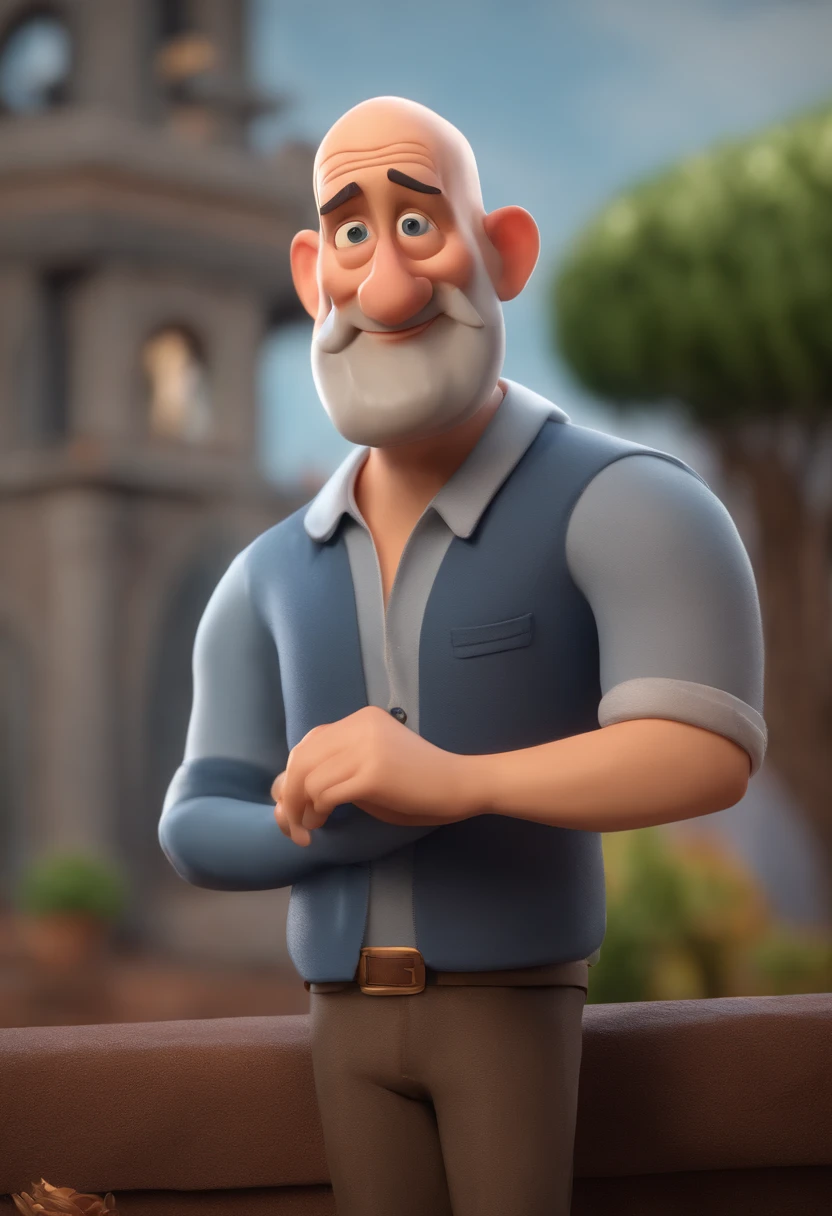 Cartoon character of a older man (no hair),with a short, gently graying beard and soft blue eyes   shirt, animation character, Caractere estilizado, animation style rendering, 3D estilizado, Arnold Maya render, 3 d render stylized, toon render keyshot, Personagem 3D, Personagem 3D, 3d rendering stylized, 3 d character render, personagem de desenho animado, Personagem de close up, Pose de personagem,  (Estilo Pixar) (master part:1.2) (Bokeh) (best quality) (pele detalhada) (textura detalhada) (8k) (argila) (Cinematic lighting) (sharp focus