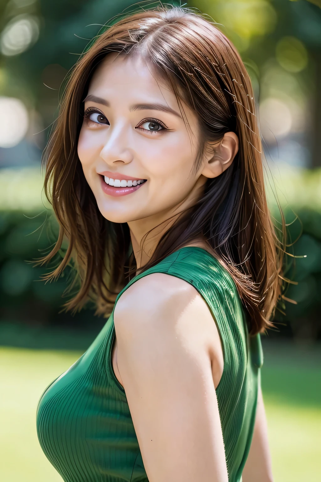 (8k, RAW Photos, highest quality, masterpiece, Realistic, Realistic), (1 female), (Ultimate beauty), Highly detailed face, (Perfect Teeth), Beautiful Eyes, double eyelid, eyelash, smile, Lip details, Brunette Bob, The light shines on your face, ((one piece)), Big Breasts, (background: garden), ((Written boundary depth))