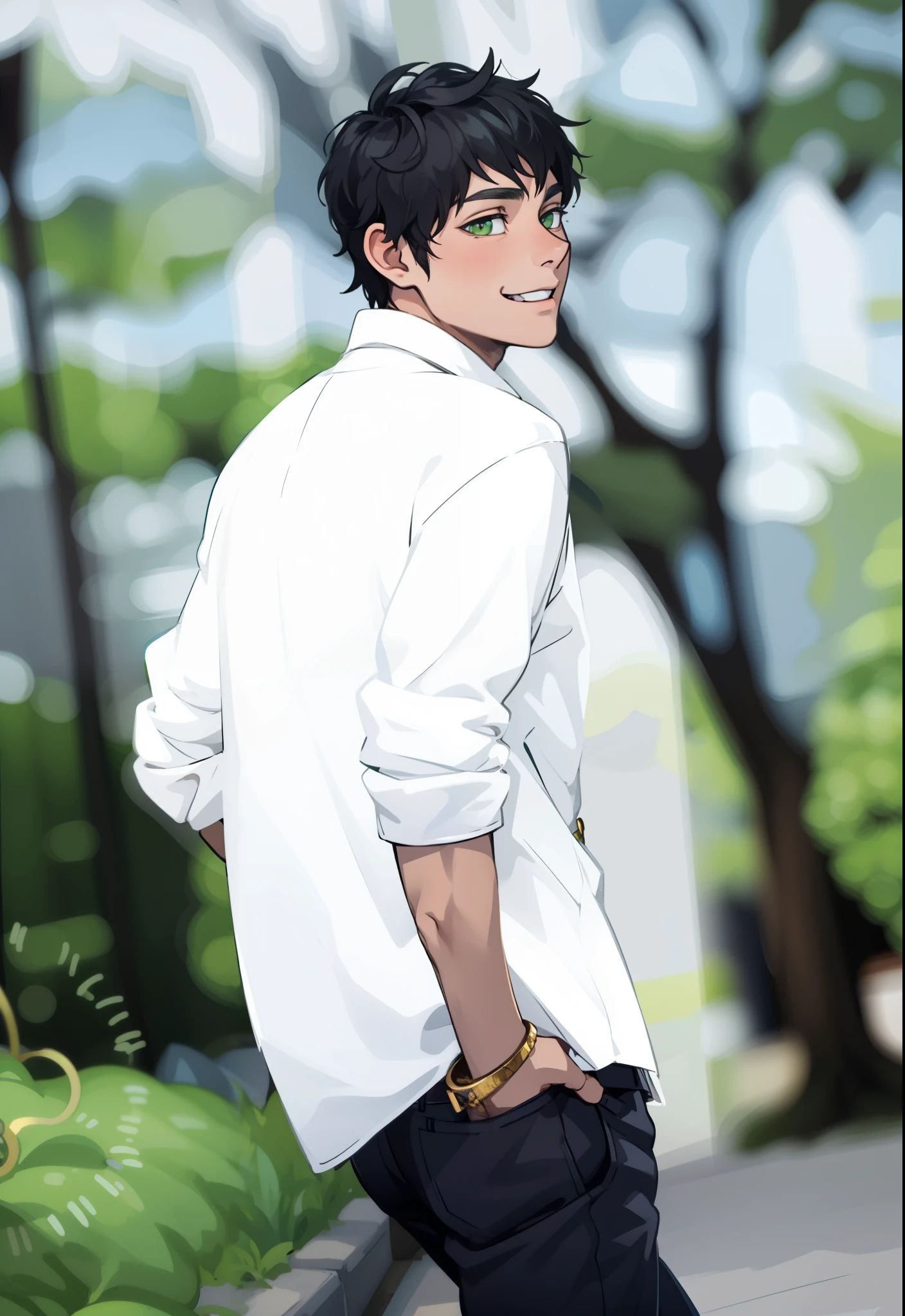 young 16 year old man smiles maliciously he has green eyes he has golden jewelry in his arms