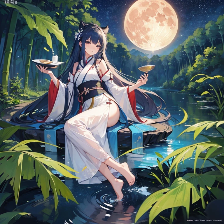 ((mejor calidad)), ((Obra maestra)), (detallado), cara perfecta, Joven de cabello negro largo y lacio, ojos rojos, pale skin, asian factions, 19 years, esbelta, busto mediano, bonitas curvas, estilo anime, elegante, only character in the image, red eyes, waiting for you, cute face, sexy, in love with the viewer, black hair, drunked, orgasm face, horny, wet, black micro panties, wet clothes, night, in middle of the forest, heretic ritual, white blouse, doing a ritual, night, moon light, heretic