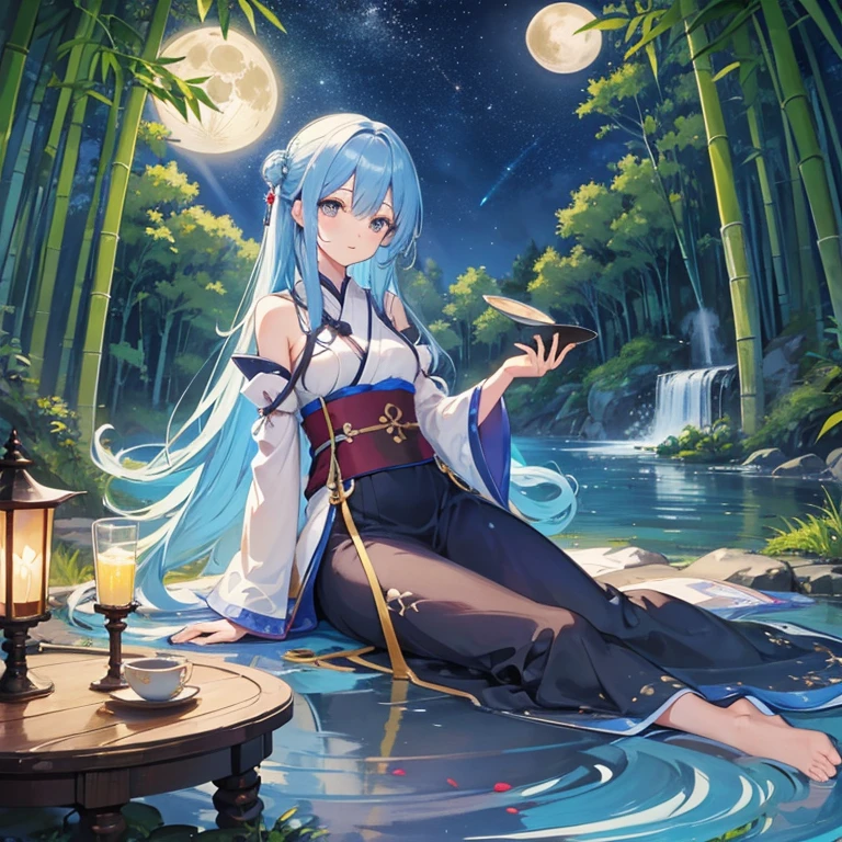 wallpaper, highly detailed, illustration, 1 girl, Azure hair, long hair, detailed eyes, forest, bare shoulders, hanfu, lakes, pure, soft smile, bamboo, Tea, drinking tea, night time, starry sky, full moon, full body