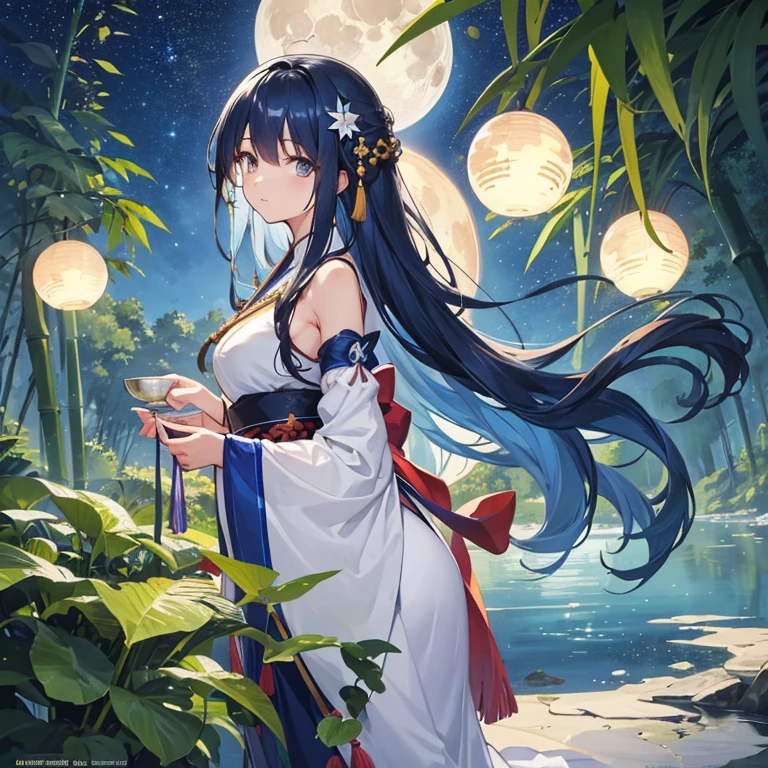 wallpaper, highly detailed, illustration, 1 girl, Azure hair, long hair, detailed eyes, forest, bare shoulders, hanfu, lakes, pure, soft smile, bamboo, Tea, drinking tea, night time, starry sky, full moon, full body