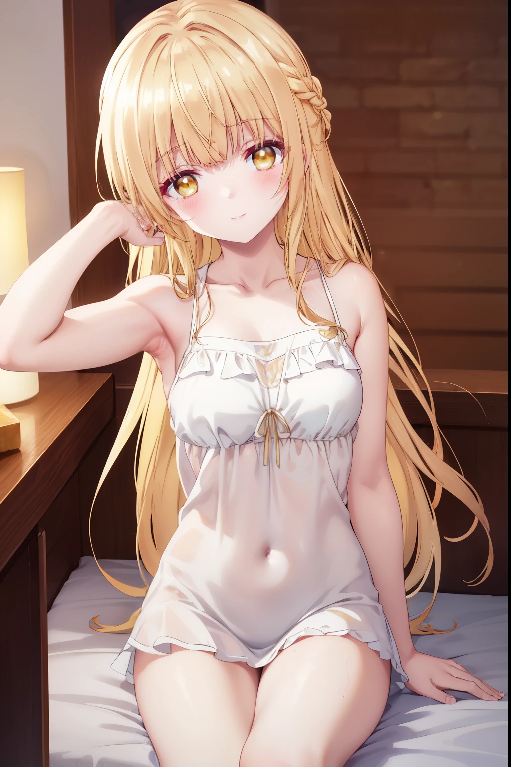 Mahiru shiina, , blonde, (Yellow Eyes:1.3)、Braided long hair,,blush,smile,night、Hotel、Captivating thighs、Beautiful bare legs, Sideways armpit、Shoulder Bare、The clavicle is visible、Armpit Show、Sideboob is visible、Shoulder Bare、Sexy yellow lingerie、
（masterpiece:1.2), highest quality, High resolution, unity 8k wallpaper, (shape:0.8), (Beautiful and beautiful eyes:1.6), Highly detailed face, Perfect lighting, Extremely detailed CG, (Perfect hands, Perfect Anatomy),