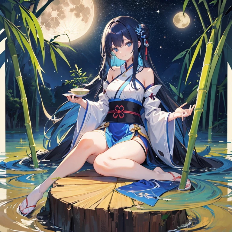 wallpaper, highly detailed, illustration, 1 girl, Azure hair, long hair, detailed eyes, full body, forest, bare shoulders, hanfu, lakes, pure, soft smile, bamboo, Tea, drinking tea, night time, starry sky, full moon, short hem
