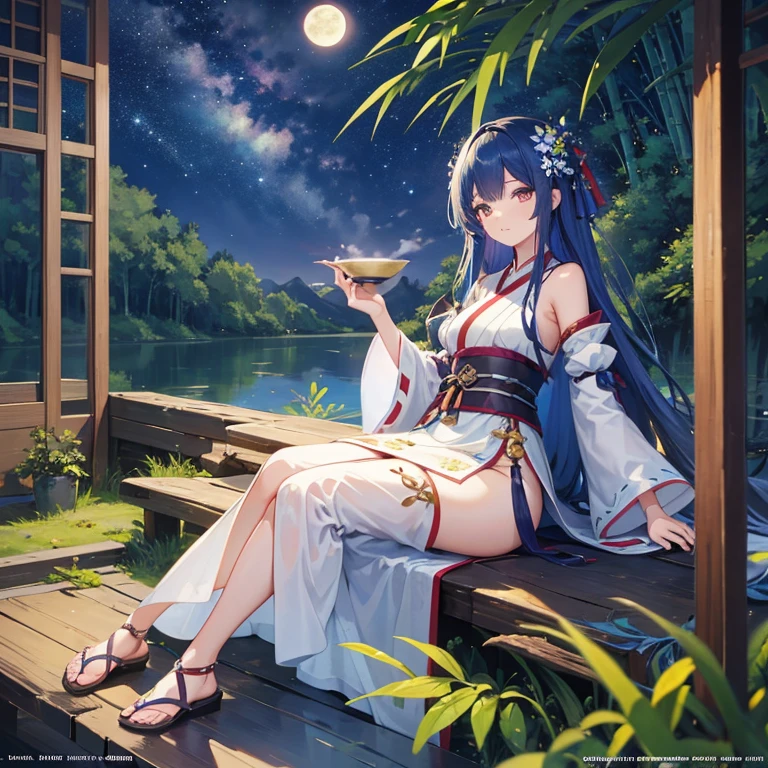 wallpaper, highly detailed, illustration, 1 girl, Azure hair, long hair, detailed eyes, full body, forest, bare shoulders, hanfu, lakes, pure, soft smile, bamboo, Tea, drinking tea, night time, starry sky, full moon, short hem