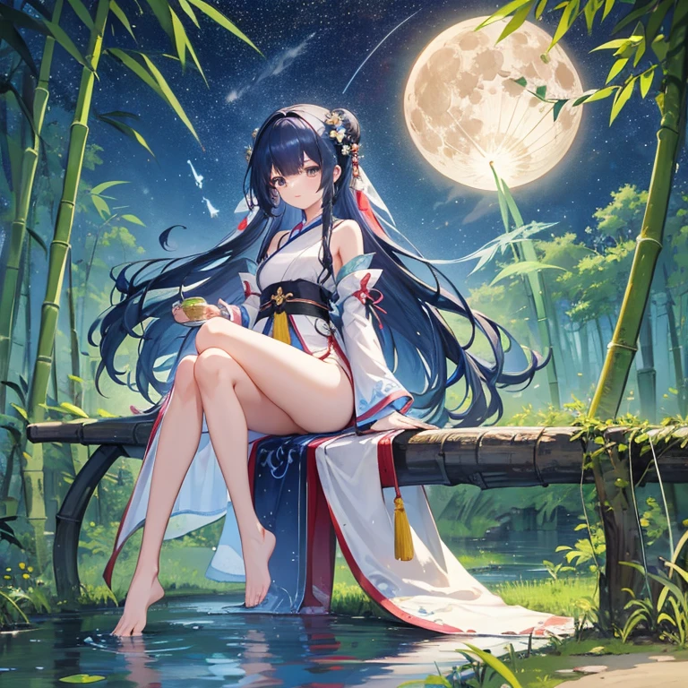 wallpaper, highly detailed, illustration, 1 girl, Azure hair, long hair, detailed eyes, full body, forest, bare shoulders, hanfu, lakes, pure, soft smile, bamboo, Tea, drinking tea, night time, starry sky, full moon, short hem
