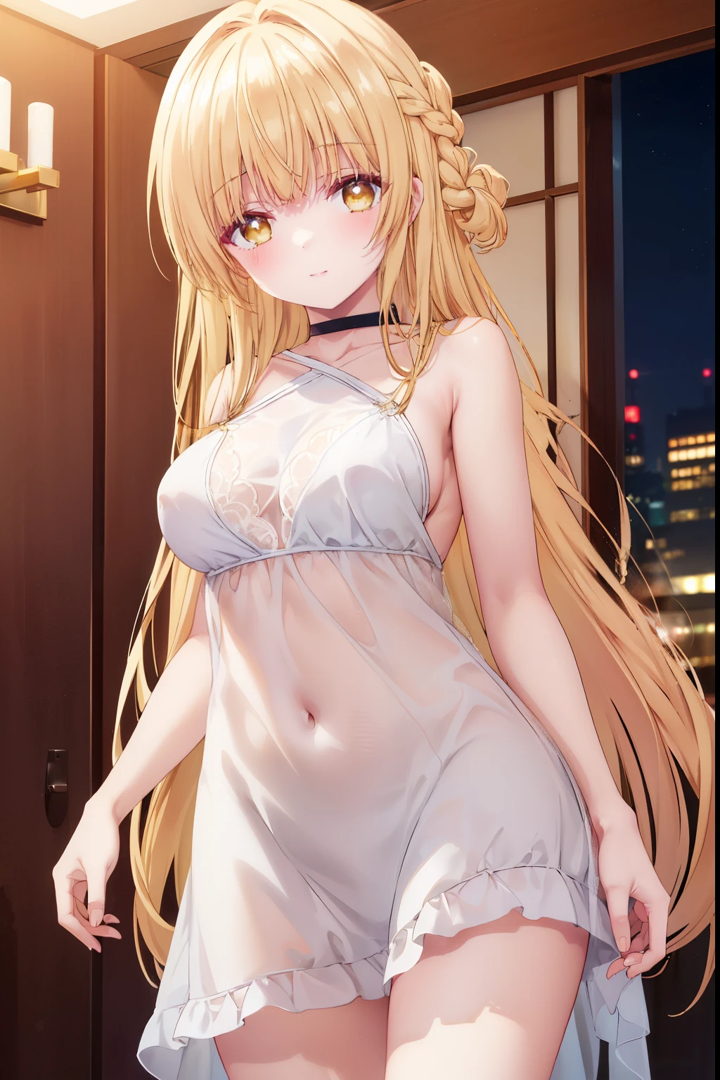 Mahiru shiina, , blonde, (Yellow Eyes:1.3)、Braided long hair,,blush,smile,night、Hotel、Captivating thighs、Beautiful bare legs, Sideways armpit、Shoulder Bare、The clavicle is visible、Armpit Show、Sideboob is visible、Shoulder Bare、Sexy yellow lingerie、
(masterpiece:1.2), highest quality, High resolution, unity 8k wallpaper, (shape:0.8), (Beautiful and beautiful eyes:1.6), Highly detailed face, Perfect lighting, Extremely detailed CG, (Perfect hands, Perfect Anatomy),