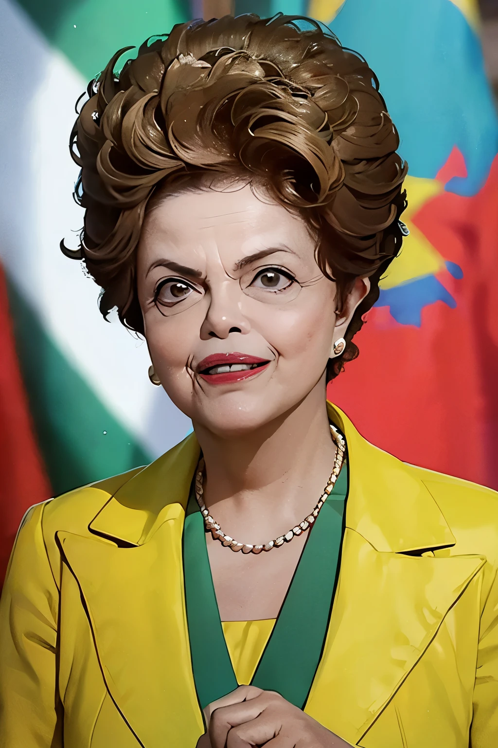 Caricature of Dilma Rousseff, president of Brazil, confused with a calculator in her hand, buck-toothed, above her a banner with the phrase 'NOT 30%', written correctly, illustration, painting, 3D rendering, typography