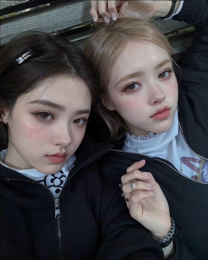 Dos chicas recostadas en un banco con las manos en las caderas., al estilo de petra collins, with pale skin, pale skin and dark eyes, very very very pale skin, beautiful science fiction twins, very very pale white skin, petra collins y mc. escher, very pale white skin, very pale skin, pale and light skin!!, petra collins