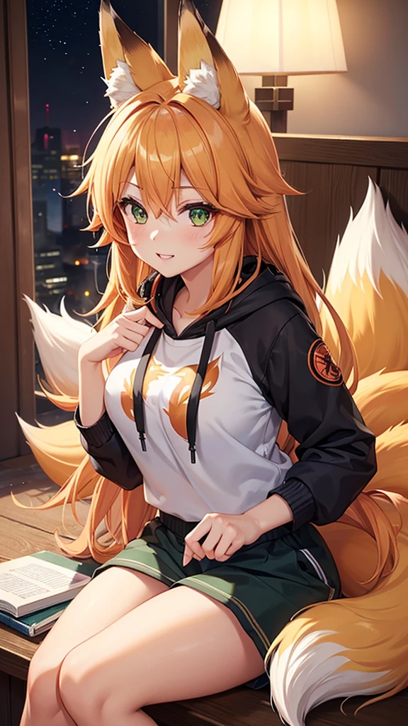 Girl with long blonde hair, hair down, red lips, blonde fox ears and tail, big breasts, wearing a hoodie, mini skirt, leggings