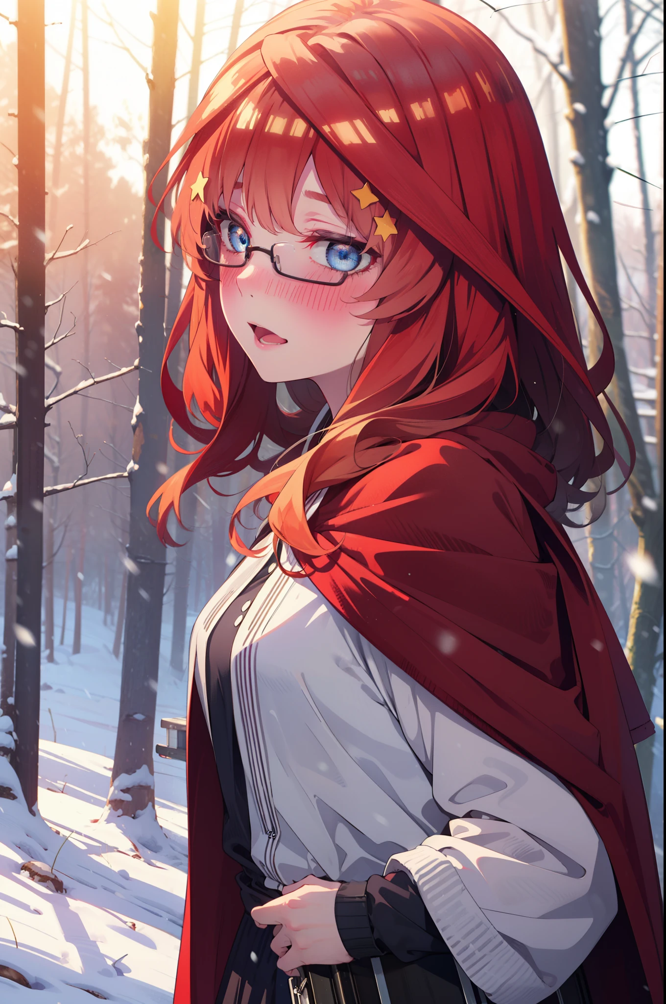 itsukinakano, Itsuki Nakano, bangs, blue eyes, Hair between the eyes, Ahoge, Redhead, star \(symbol\), hair ornaments, star hair ornaments,smile,blush,White Breath,Akagi glasses,
Open your mouth,snow, A bonfire on the ground, Outdoor, boots, snowing, From the side, wood, suitcase, Cape, Blurred, Increase your meals, forest, White handbag, nature, Squat, Mouth closed, フードed Cape, winter, Written boundary depth, Black shoes, red Cape break looking at viewer, Upper Body, whole body, break Outdoor, forest, nature, break (masterpiece:1.2), highest quality, High resolution, unity 8k wallpaper, (shape:0.8), (Beautiful and beautiful eyes:1.6), Highly detailed face, Perfect lighting, Highly detailed CG, (Perfect hands, Perfect Anatomy),